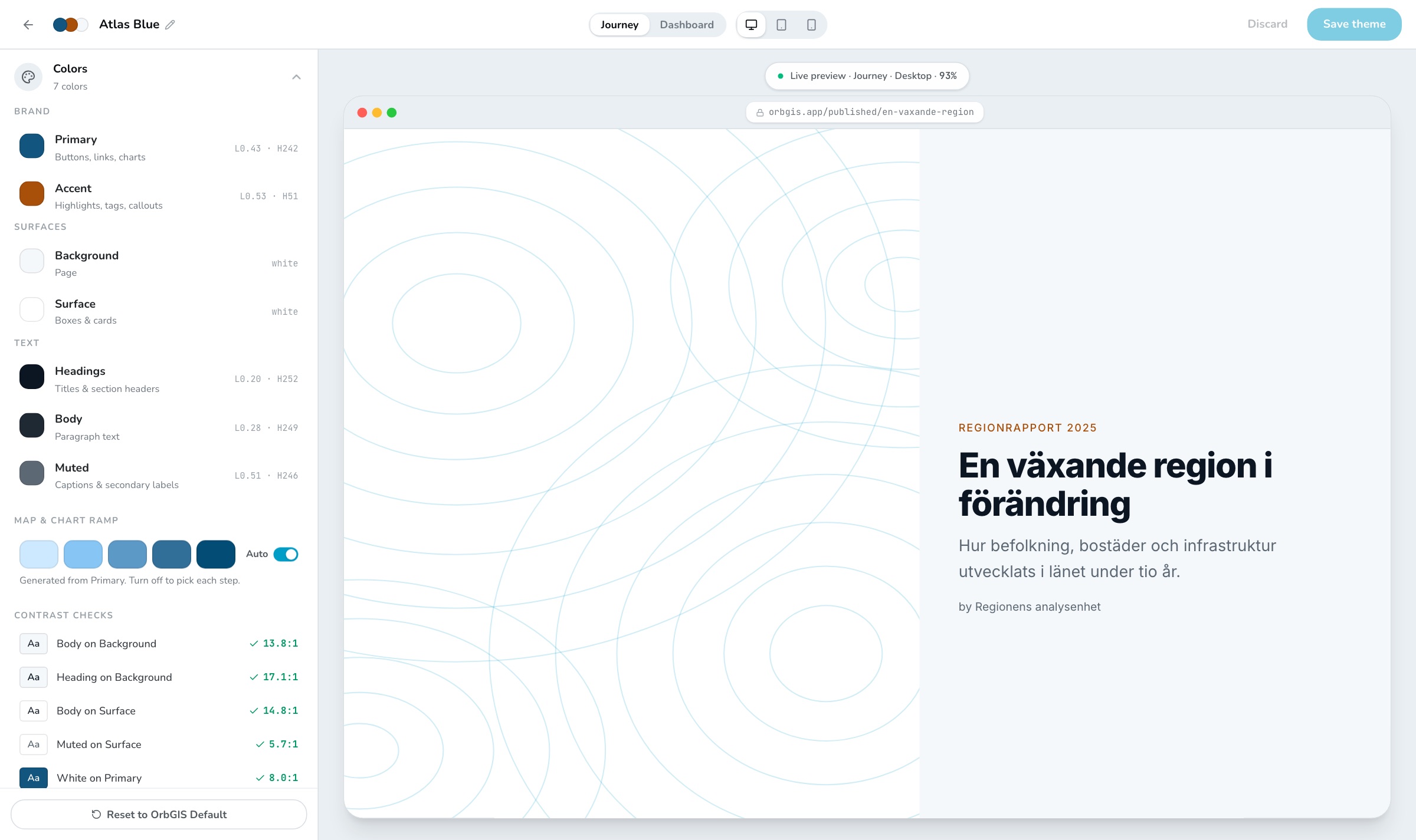 Temabyggaren med färgpanelen, kontrastkontrollerna och en levande förhandsgranskning